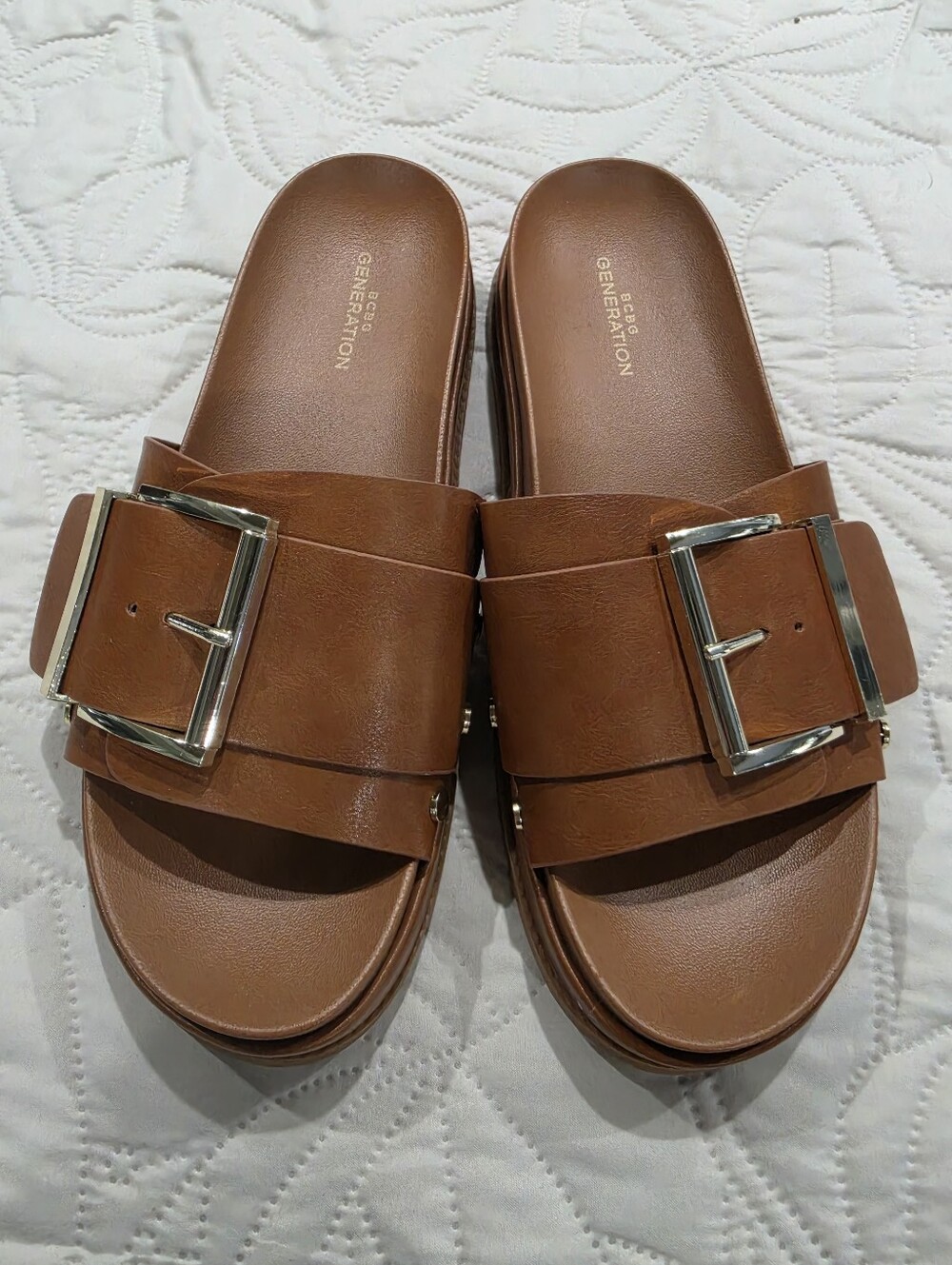 Tan Leather Slide Sandals with Silver Buckle